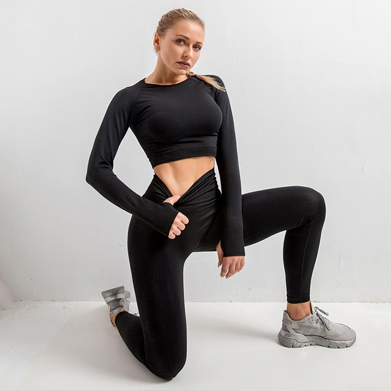 Women's Seamless Gym Leggings, Top, Longsleeve and Shorts Set