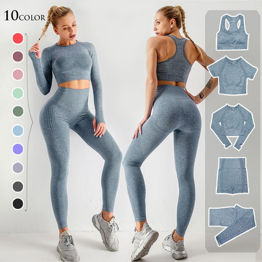 Women's Seamless Gym Leggings, Top, Longsleeve and Shorts Set