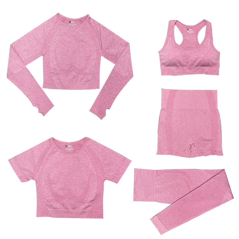 Women's Seamless Gym Leggings, Top, Longsleeve and Shorts Set