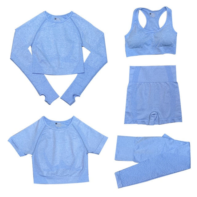 Women's Seamless Gym Leggings, Top, Longsleeve and Shorts Set