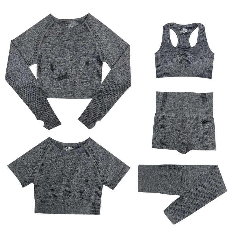 Women's Seamless Gym Leggings, Top, Longsleeve and Shorts Set