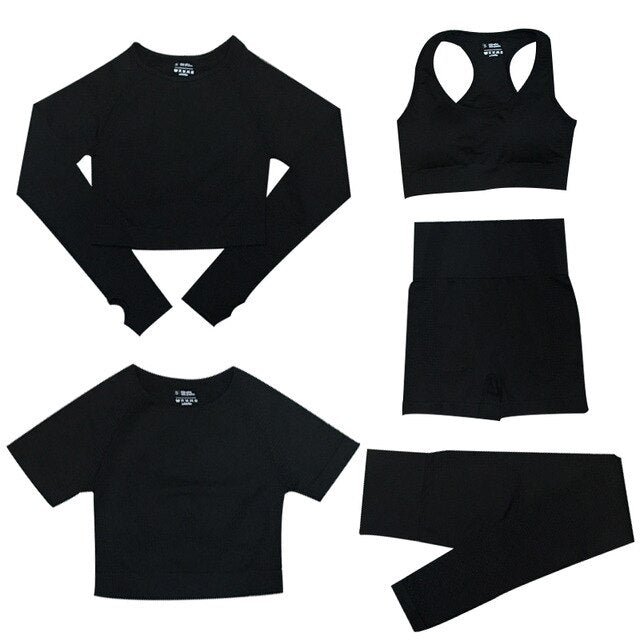 Women's Seamless Gym Leggings, Top, Longsleeve and Shorts Set